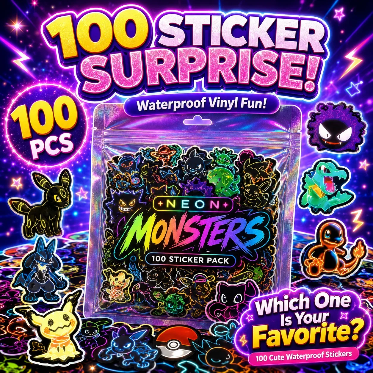 Handbags - 100 sztuk neonowych naklejek Pokémon, wodoodporne,